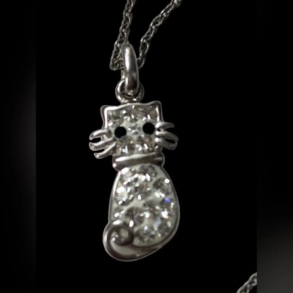 Mini Enamel & Crystal Silver Plated Kitty Cat Whiskers Necklace Kitten Woman’s - Picture 5 of 8